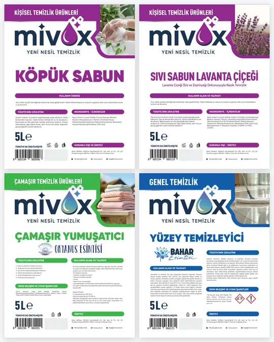 Mivox — 5 L etiketleri: köpük sabun, lavanta, yumuşatıcı, yüzey temizleyici