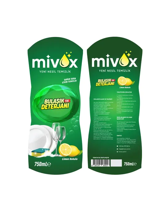 Mivox — Baskı provası: bulaşık deterjanı 750 ml, ön ve arka