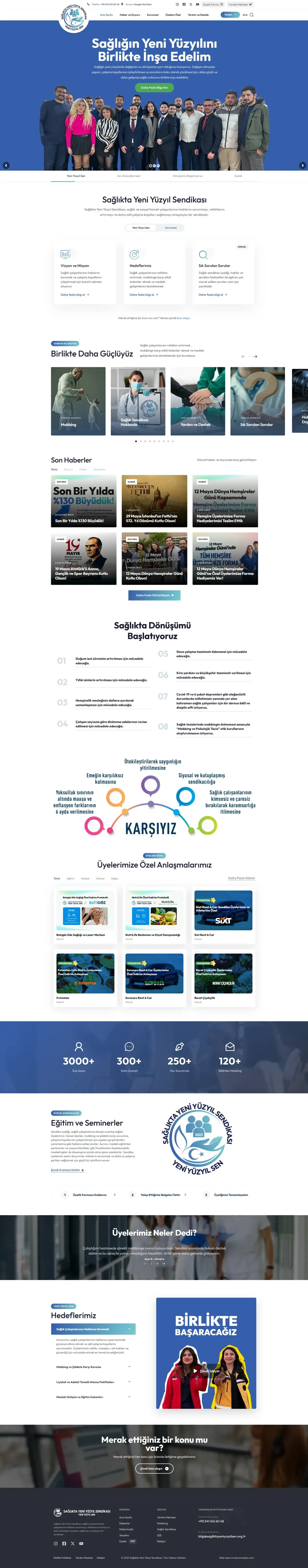 Sağlıkta Yeni Yüzyıl Sendikası web sitesinin ana sayfası, baştan sona: giriş, vizyon, haberler, mücadele programı, özel anlaşmalar, sayaçlar, eğitimler ve iletişim