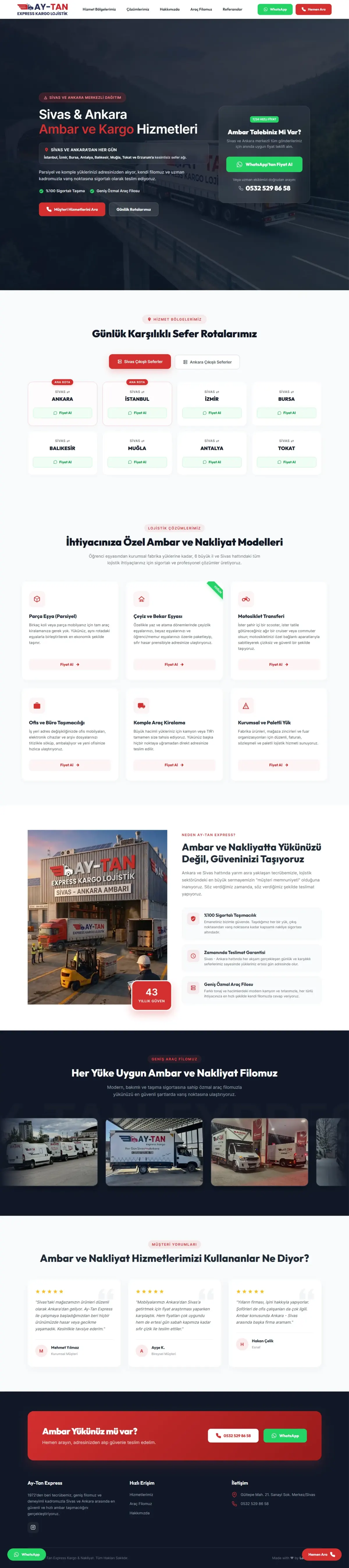 Sivas Ambar Kargo web sitesinin tam sayfa görünümü