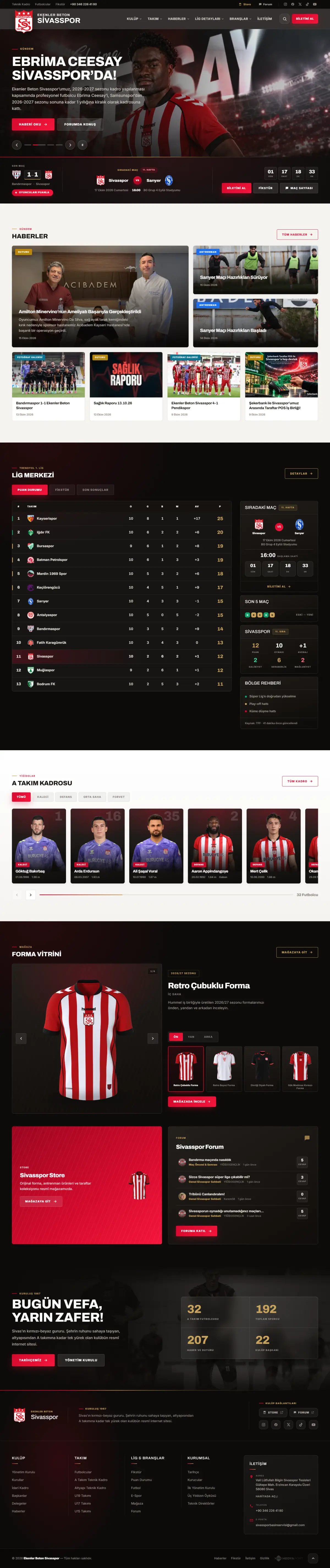 sivasspor.org.tr ana sayfası baştan sona: manşet, son ve sıradaki maç, haberler, lig merkezi, kadro, forma vitrini, forum ve mağaza bölümleri