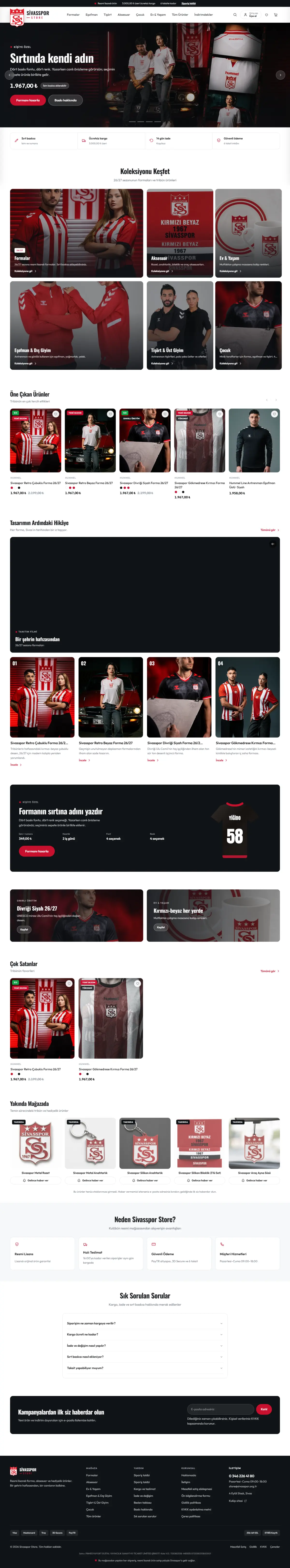Sivasspor Store ana sayfası baştan sona: sezon formaları, koleksiyonlar, öne çıkan ürünler, sırt baskısı bölümü, sık sorulanlar